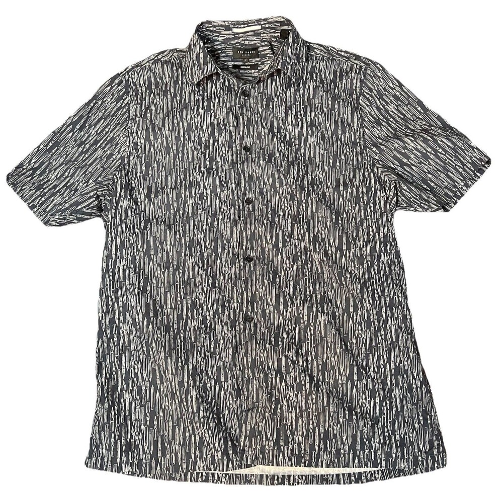 Ted Baker Men’s Sz 4 Navy‎ White Pen Print Short Sleeve Hawaiian Shirt